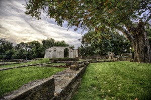 The Capitol Building Ruins at Capitol Park. The foundation and the standing northern wall of the interior rotunda are featured. The foundation provides an unbroken perimeter showing the outline of where the building once stood. Capitol Park, Tuscaloosa, AL by Carol Highsmith, from the Library of Congress, 2010 12